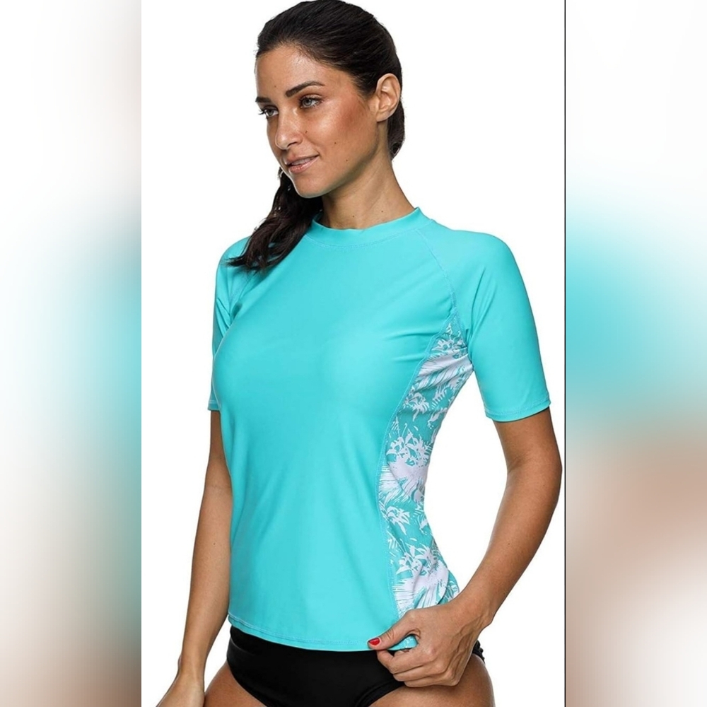Women's Aqua Short Sleeve Rash Guard Swim Top Size XL SPF 50